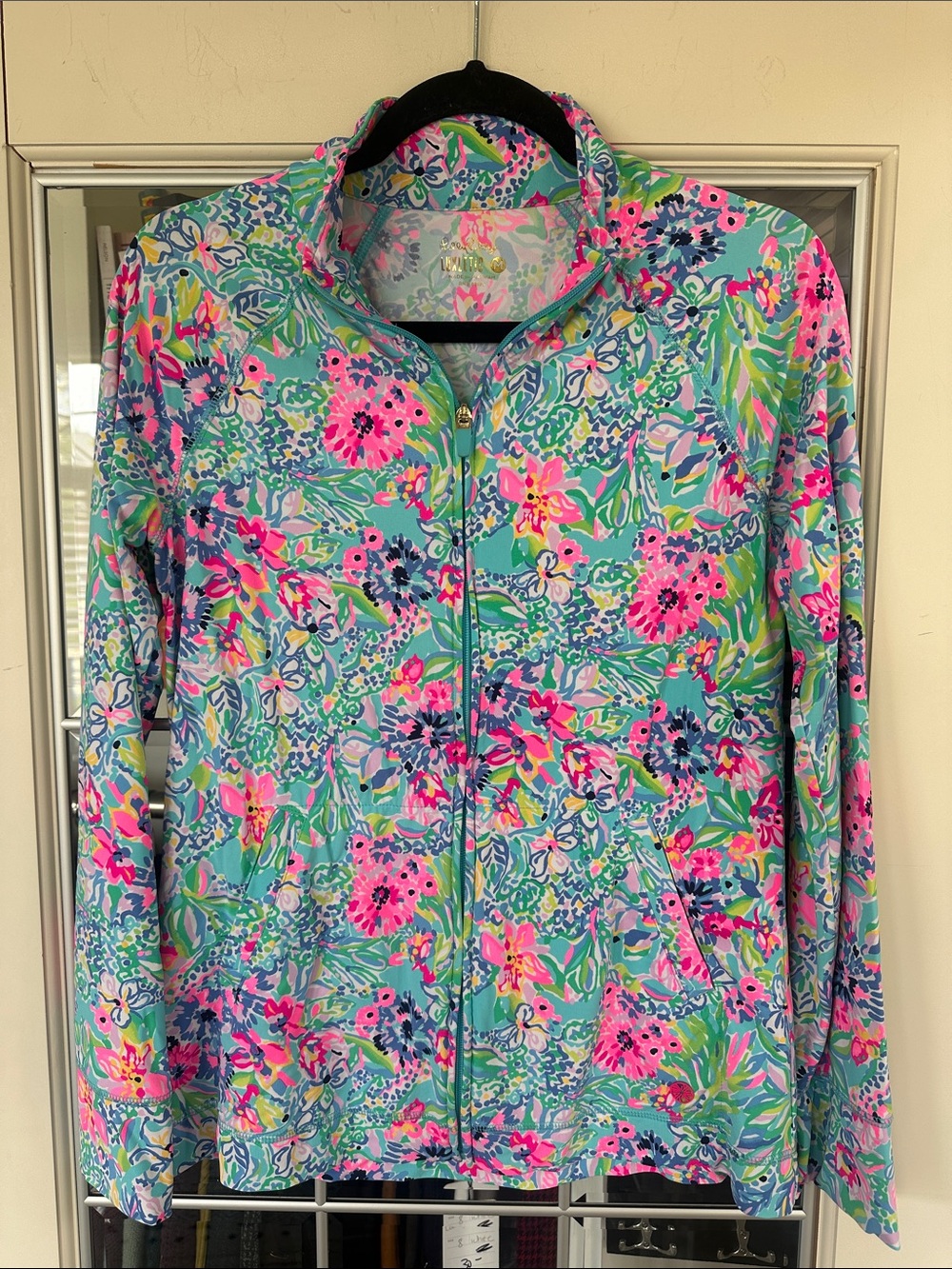 Bright Floral Zip-Up Jacket in Aqua & Pink